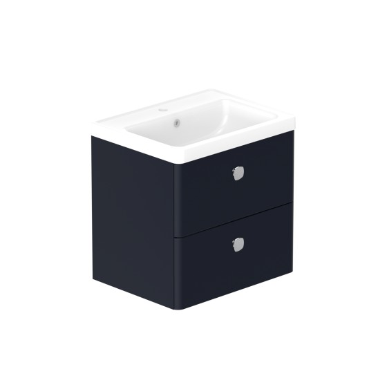 Stanway 60cm Two Drawer Wall Hung Unit & Ceramic Basin in Navy with Chrome Handles