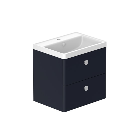 Stanway 60cm Two Drawer Wall Hung Unit & Ceramic Basin in Navy with Satin Brass Handles