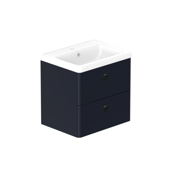 Stanway 60cm Two Drawer Wall Hung Unit & Ceramic Basin in Navy with Matt Black Handles
