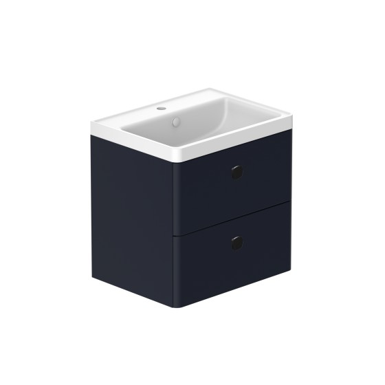 Stanway 60cm Two Drawer Wall Hung Unit & Mineral Cast Basin in Navy with Matt Black Handles