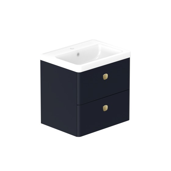 Stanway 60cm Two Drawer Wall Hung Unit & Ceramic Basin in Navy with Satin Brass Handles