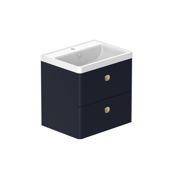 Stanway 60cm Two Drawer Wall Hung Unit & Mineral Cast Basin in Navy with Satin Brass Handles