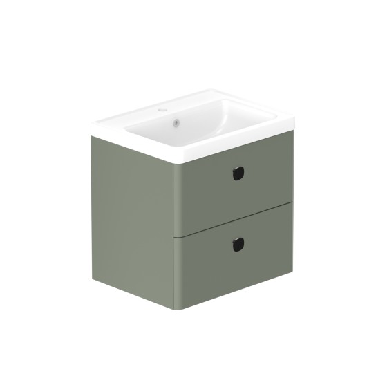 Stanway 60cm Two Drawer Wall Hung Unit & Ceramic Basin in Green with Matt Black Handles