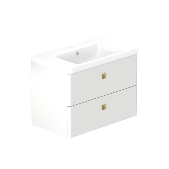 Stanway 80cm Two Drawer Wall Hung Unit & Ceramic Basin in Arctic White with Satin Brass Handles