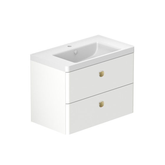 Stanway 80cm Two Drawer Wall Hung Unit & Mineral Cast Basin in Arctic White with Satin Brass Handles