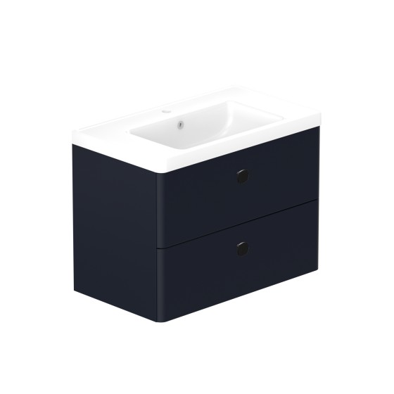Stanway 80cm Two Drawer Wall Hung Unit & Ceramic Basin in Navy with Matt Black Handles