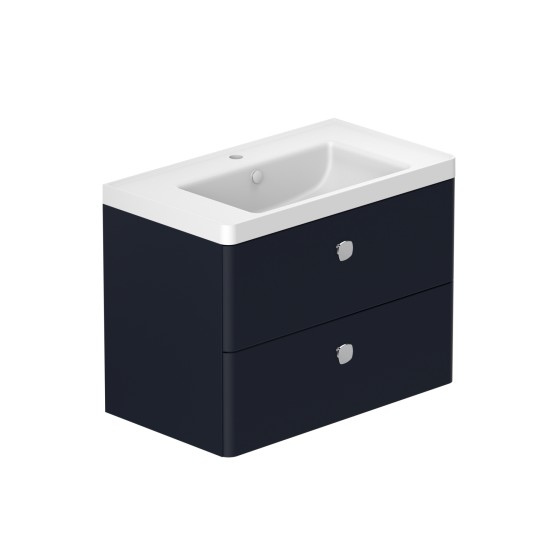 Stanway 80cm Two Drawer Wall Hung Unit & Mineral Cast Basin in Navy with Matt Black Handles