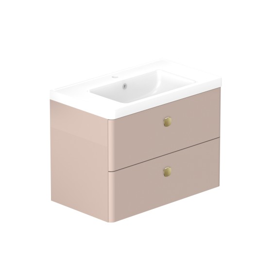 Stanway 80cm Two Drawer Wall Hung Unit & Ceramic Basin in Pink Clay with Satin Brass Handles