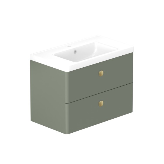 Stanway 80cm Two Drawer Wall Hung Unit & Ceramic Basin in Green with Satin Brass Handles