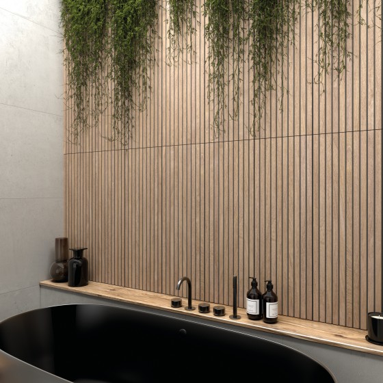 Forma Wood Camel Slat Effect Silk Ceramic Wall Tile 300x900mm
