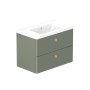 Stanway 80cm Two Drawer Wall Hung Unit & Ceramic Basin in Green with Satin Brass Handles