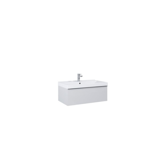 Look Wall Hung Basin Unit 80cm 1 Drawer Matt Stone with Black Handle