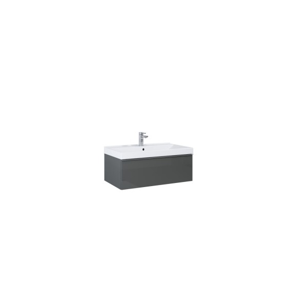 Look Wall Hung Basin Unit 80cm 1 Drawer Anthracite Gloss with Black Handle