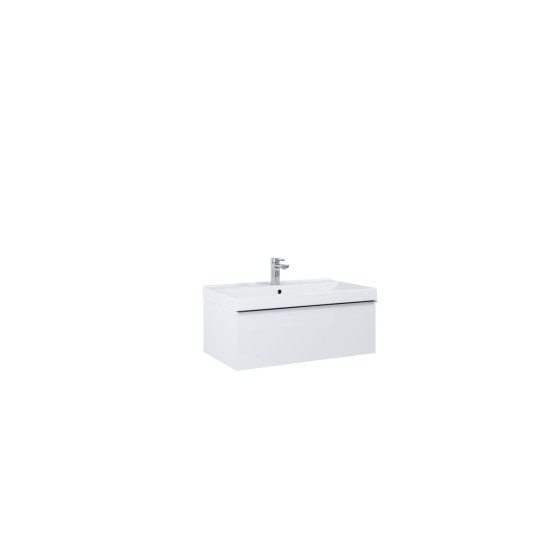 Look Wall Hung Basin Unit 80cm 1 Drawer White Gloss with Black Handle