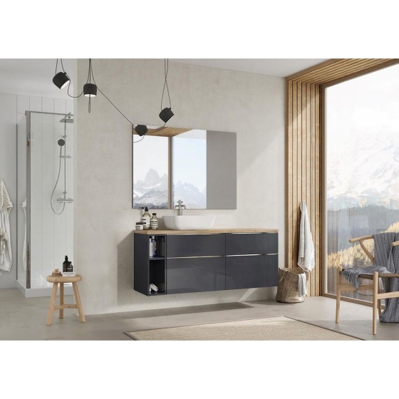 Look Wall Hung Worktop Unit 60cm 2 Drawer Anthracite Gloss with Brass Handles