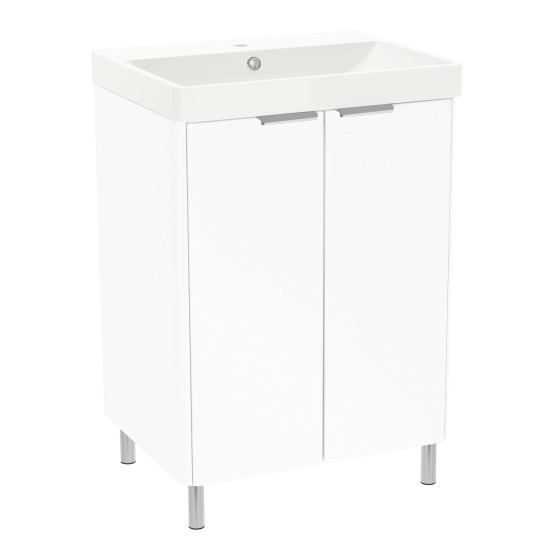 Ledbury 60cm Two Door Floorstanding Unit & Basin in White Gloss with Chrome Handles & Legs