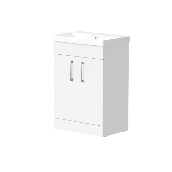 Portland 50cm Two Door Floorstanding Unit & Basin in White Gloss with Chrome Handles