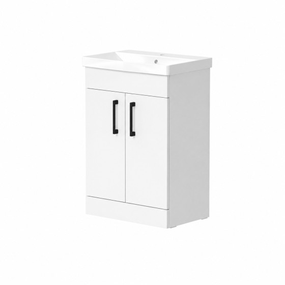 Portland 50cm Two Door Floorstanding Unit & Basin in White Gloss with Matt Black Handles