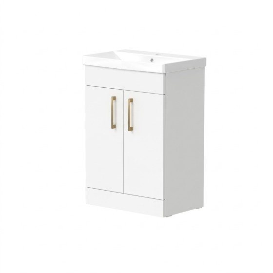 Portland 50cm Two Door Floorstanding Unit & Basin in White Gloss with Burshed Brass Handles