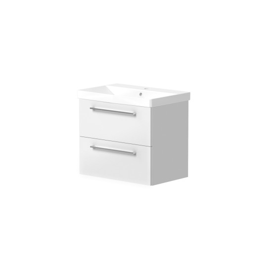 Portland 60cm Two Drawer Wall Hung Unit & Basin in White Gloss with Chrome Handles