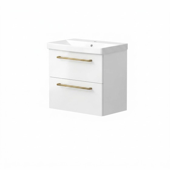 Portland 60cm Two Drawer Wall Hung Unit & Basin in White Gloss with Brushed Brass Handles