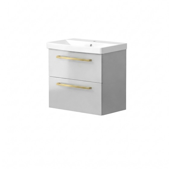 Portland 60cm Two Drawer Wall Hung Unit & Basin in Gloss Grey with Brushed Brass Handles