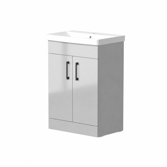 Portland 50cm Two Door Floorstanding Unit & Basin in Gloss Grey with Matt Black Handles