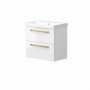 Portland 60cm Two Drawer Wall Hung Unit & Basin in White Gloss with Brushed Brass Handles