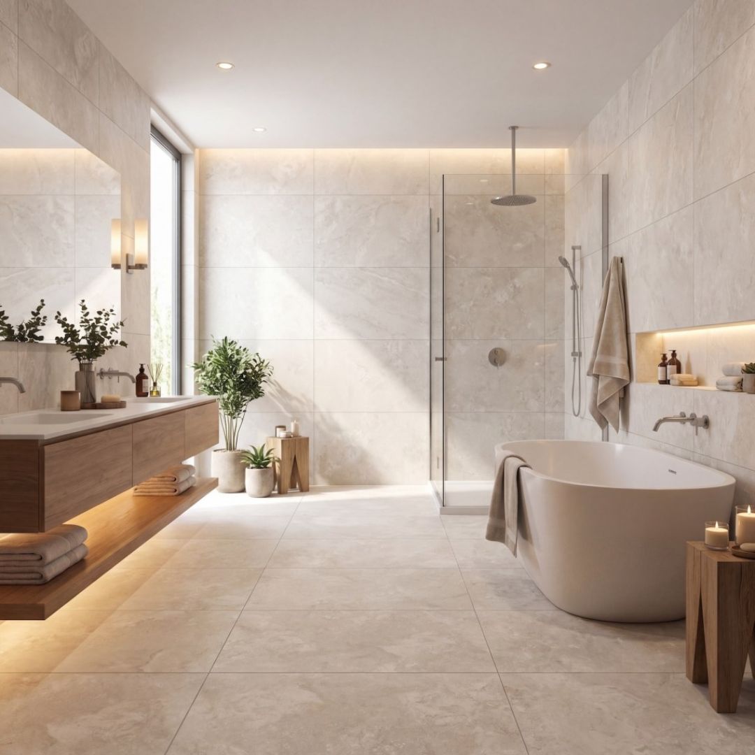 bathroom with large beige stone-effect wall and floor tiles, freestanding bathtub, walk-in shower and floating wooden vanity