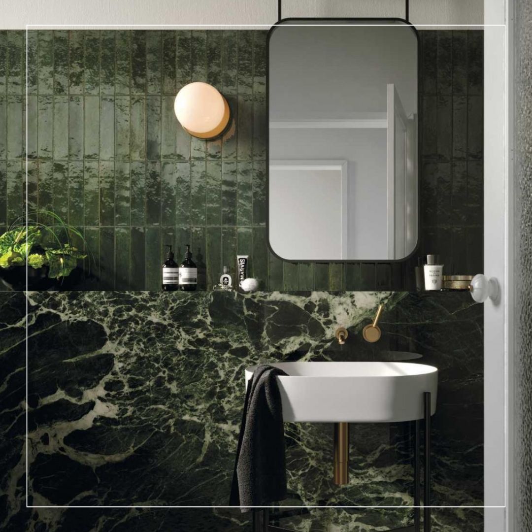 Dark green bathroom tiles trend 2025