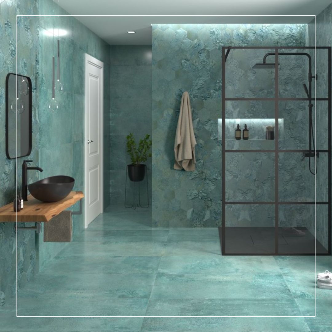 mint bathroom floor and wall tiles
