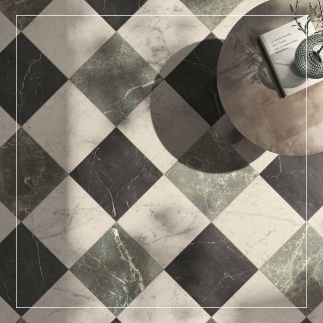Close-up of elegant chequerboard floor tiles featuring black and white marble-effect surfaces with natural veining for a luxurious look