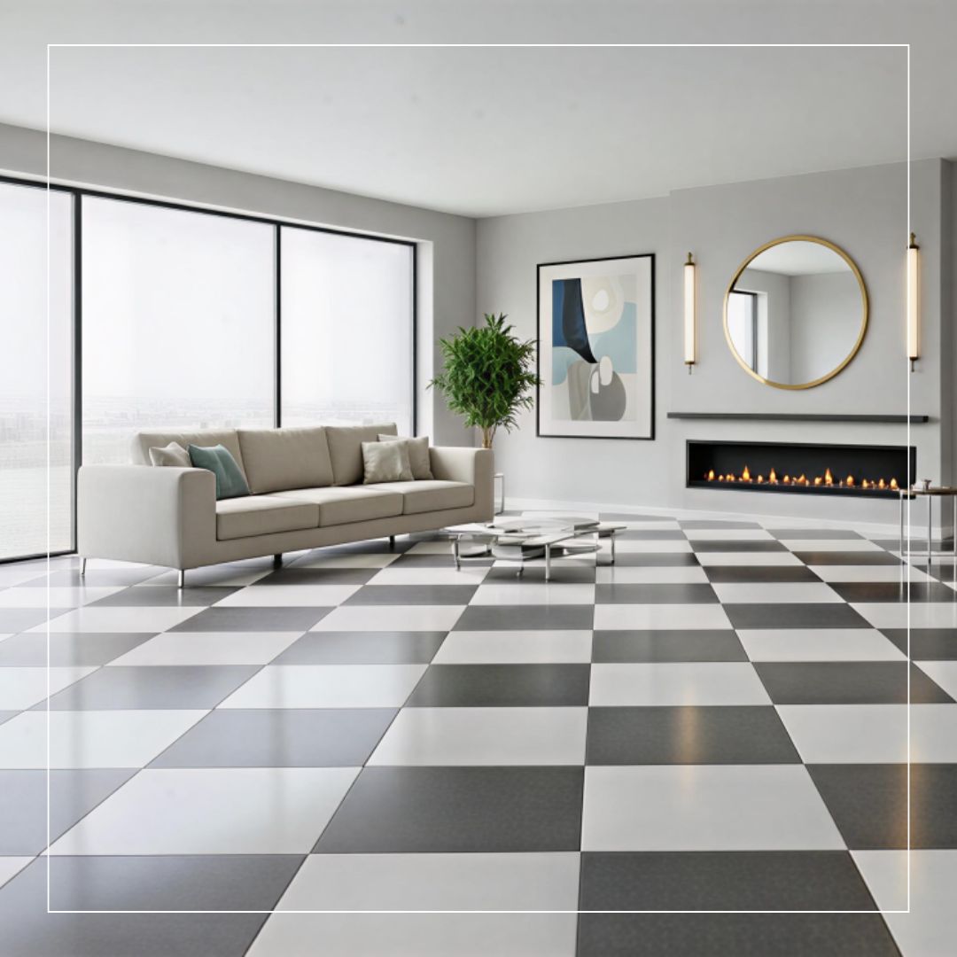 Spacious modern commercial interior featuring sleek black and white chequerboard floor tiles creating a bold, contemporary look.