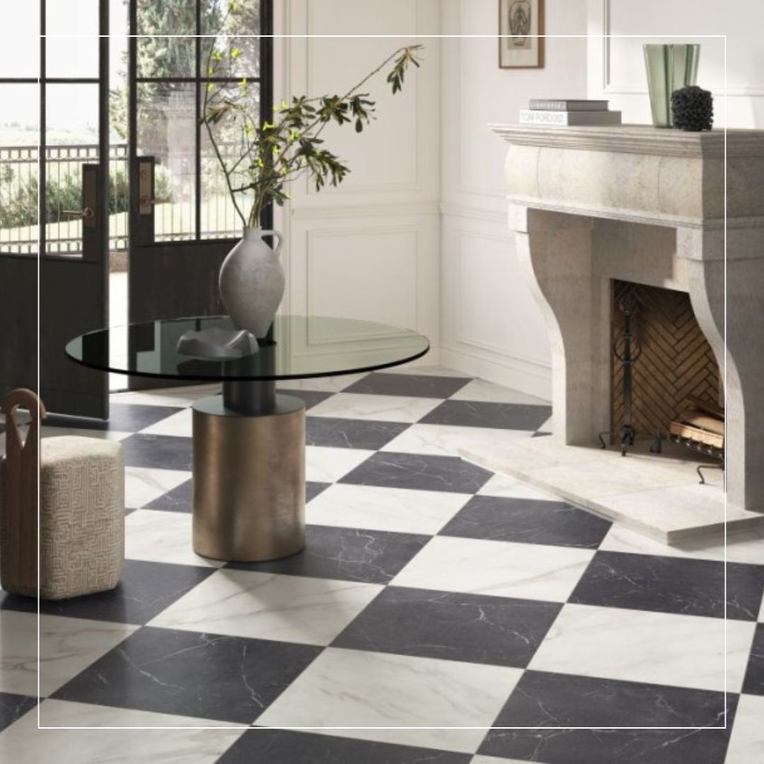 Black and white checkerboard floor tiles in a modern living space.