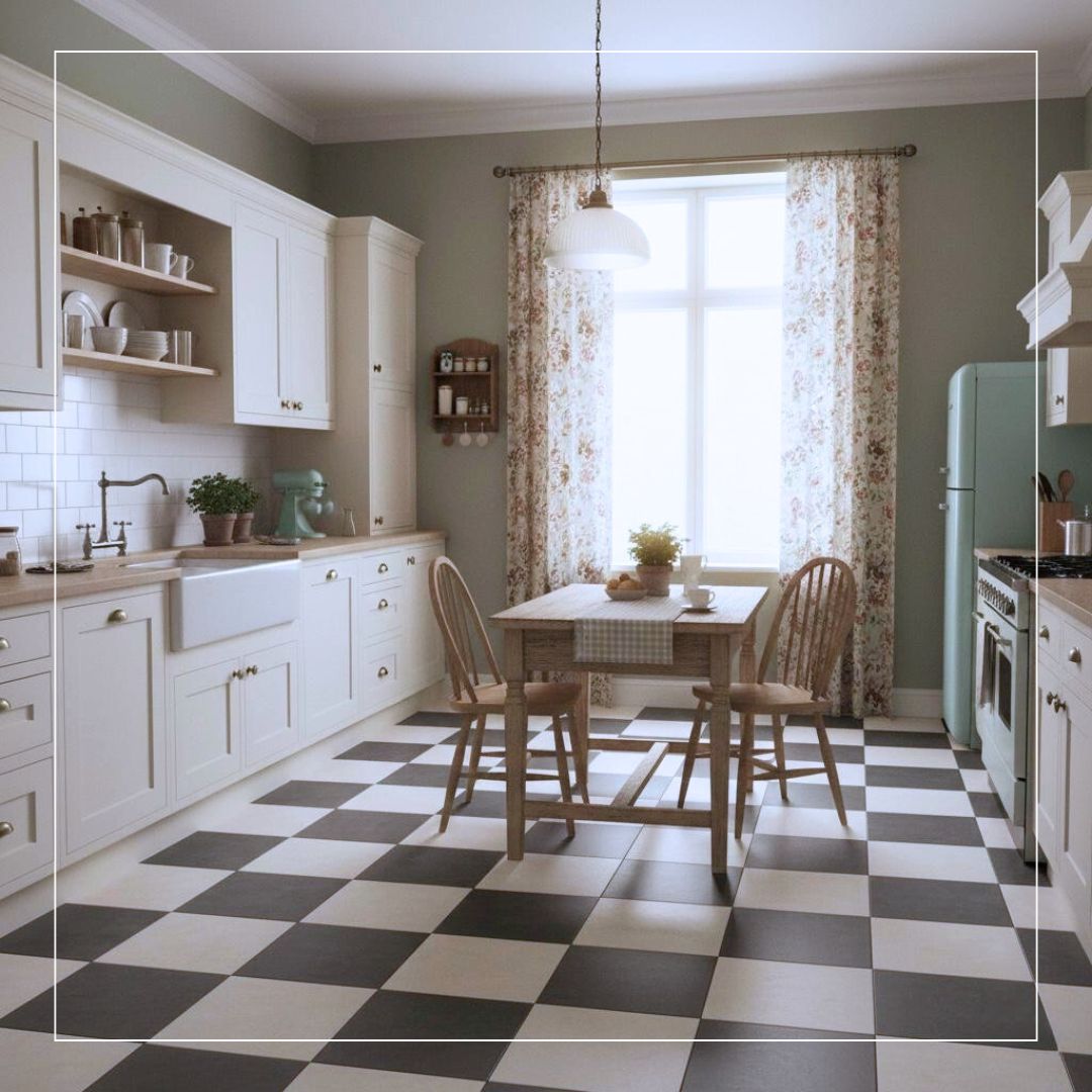 Bright vintage-style kitchen featuring classic black and white chequerboard floor tiles creating a timeless, elegant look.