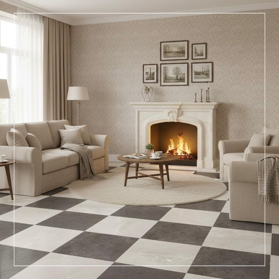 Black and white stone-effect checkerboard floor tiles in a neutral modern living room with beige sofas and a decorative fireplace