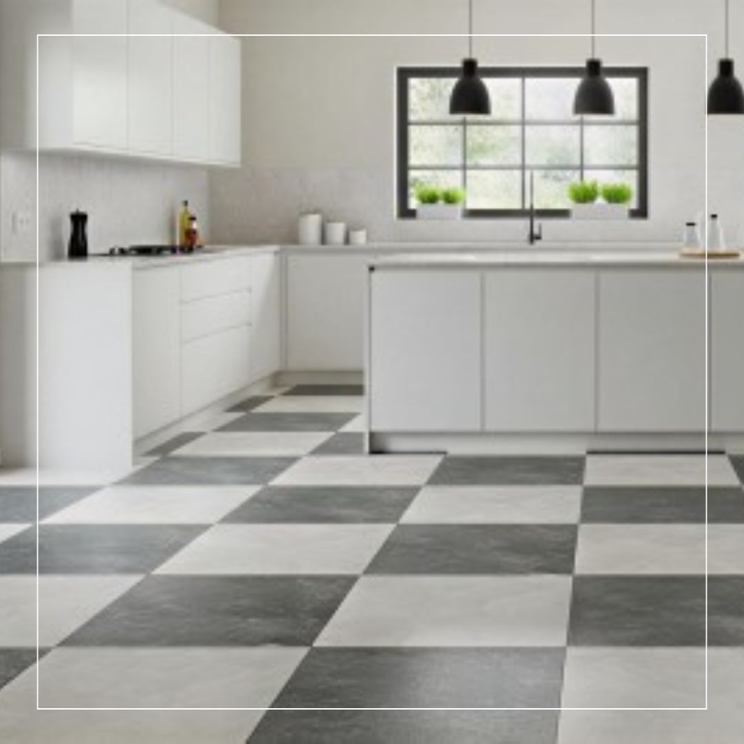 Modern white kitchen featuring a black-and-white checkerboard floor layout with large square tiles.