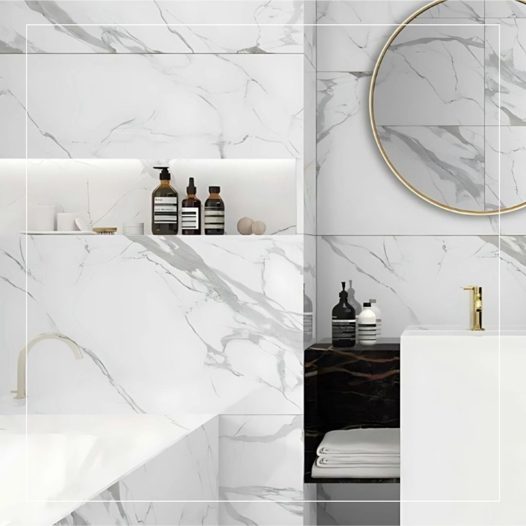 Modern bathroom featuring large-format white marble-effect tiles with grey veining, creating a luxurious and elegant look