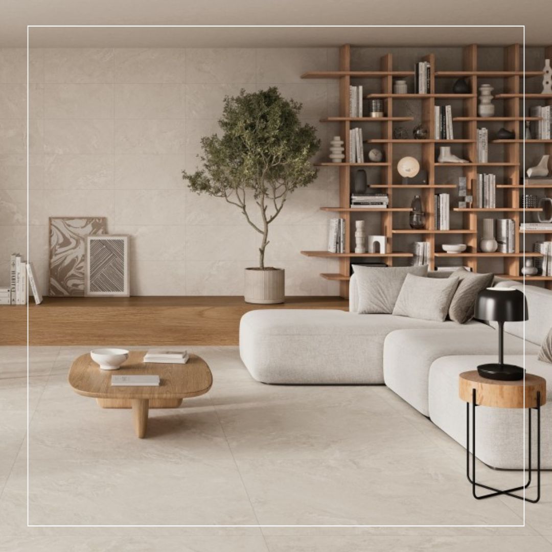 Modern living room featuring large-format beige porcelain floor tiles, creating a seamless minimalist look