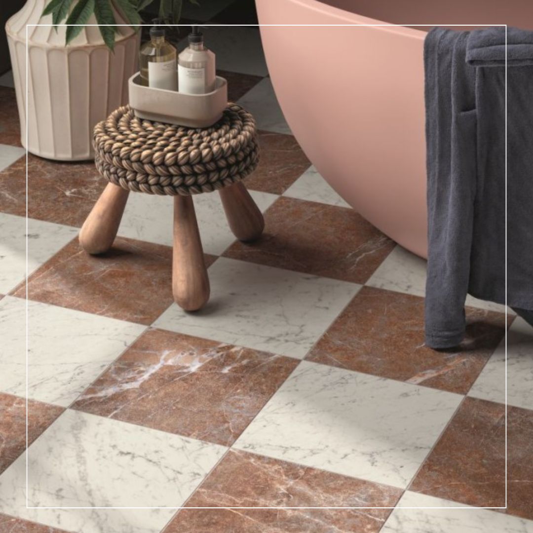 Contemporary kitchen with large grey stone effect splashback tiles, white island with open shelving