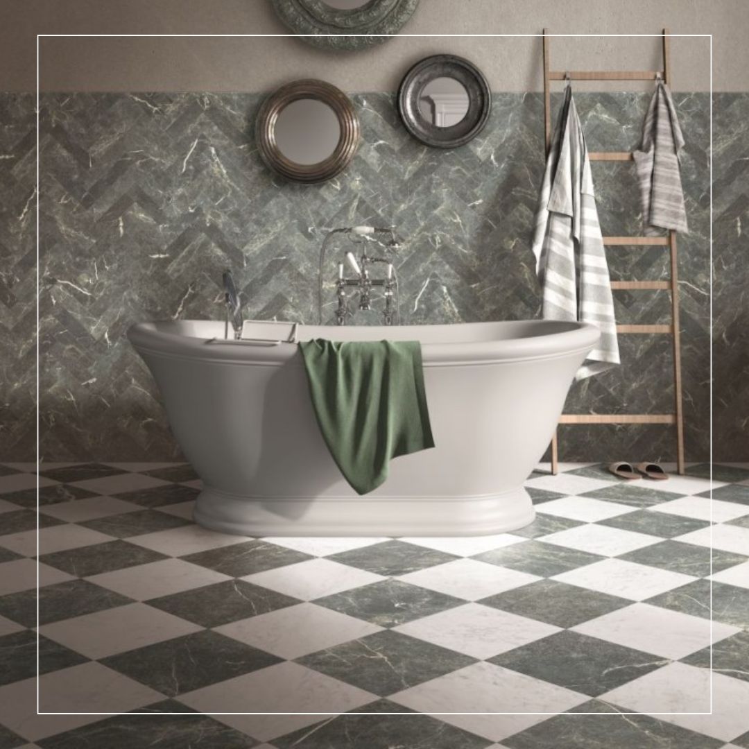 Luxury kitchen with glossy marble effect splashback tiles, dark feature island, and open shelving with accent lighting