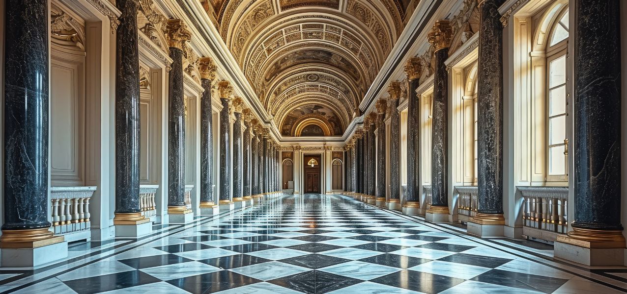 grand palace corridor with large format black and white marble checkerboard tiles, echoing renaissance palaces and later victorian design heritage