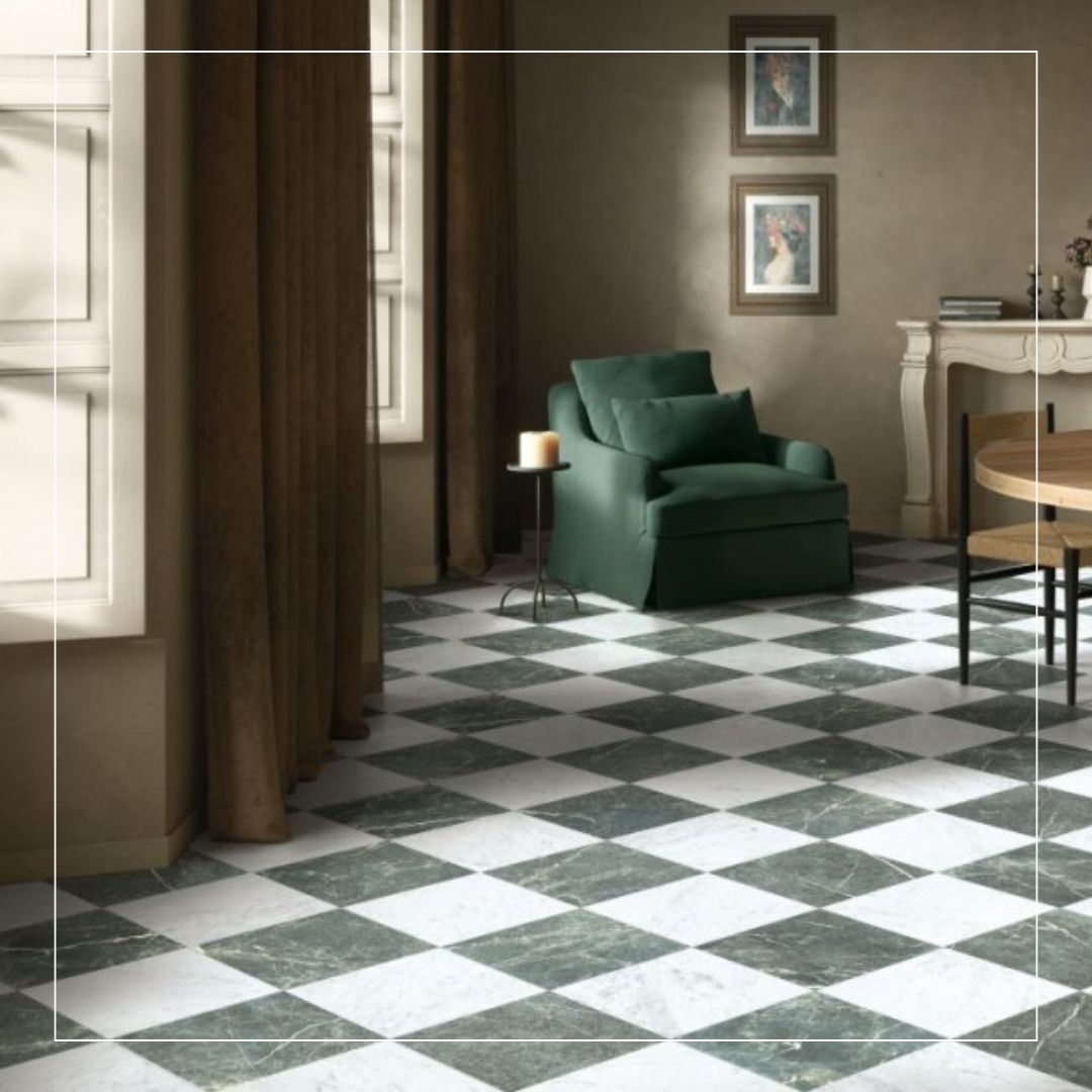 chequerboard marble-effect porcelain floor tiles in deep green and white, laid diagonally in a classic living room