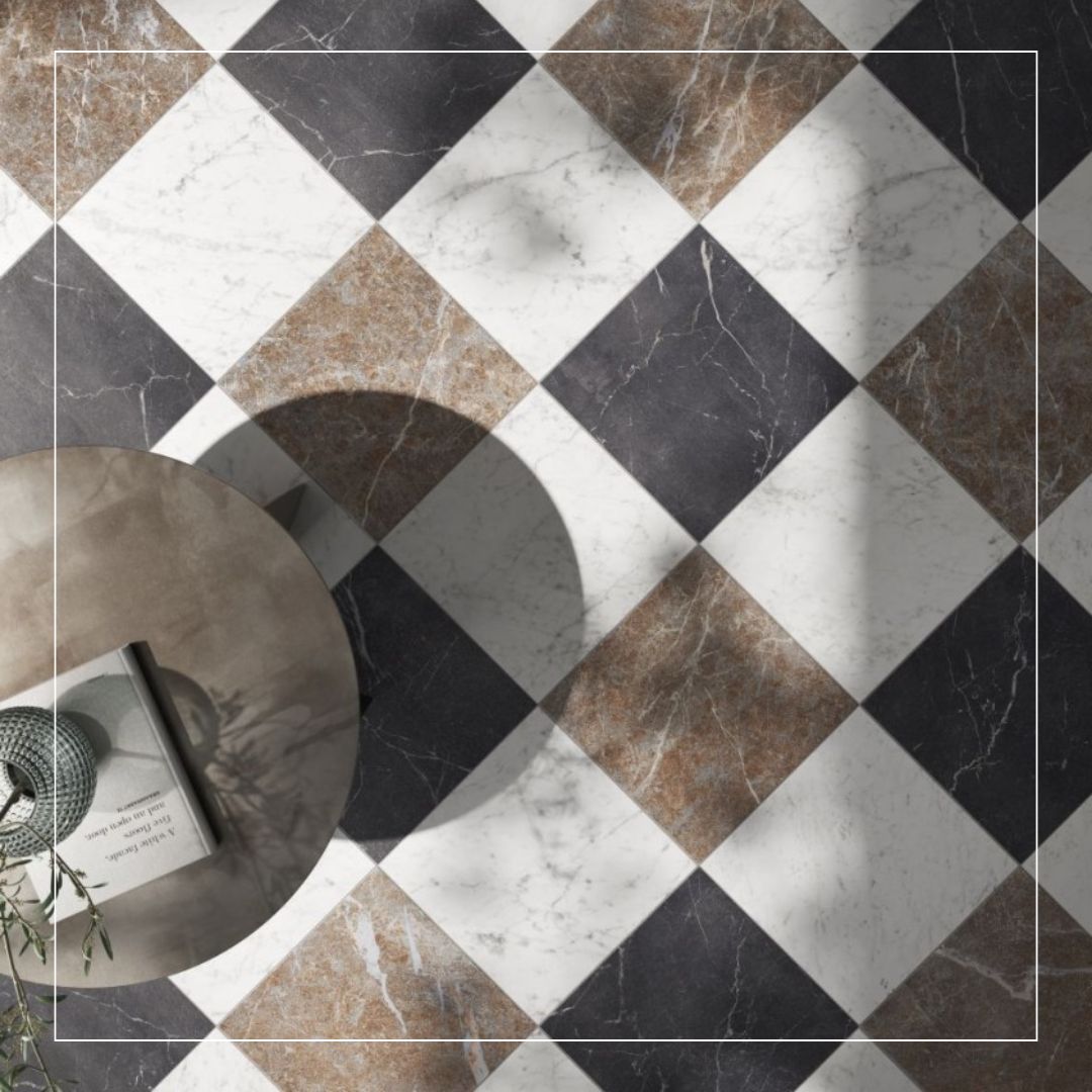chequerboard marble-effect porcelain floor tiles in white, charcoal and warm brown, laid on the diagonal for a classic retro style