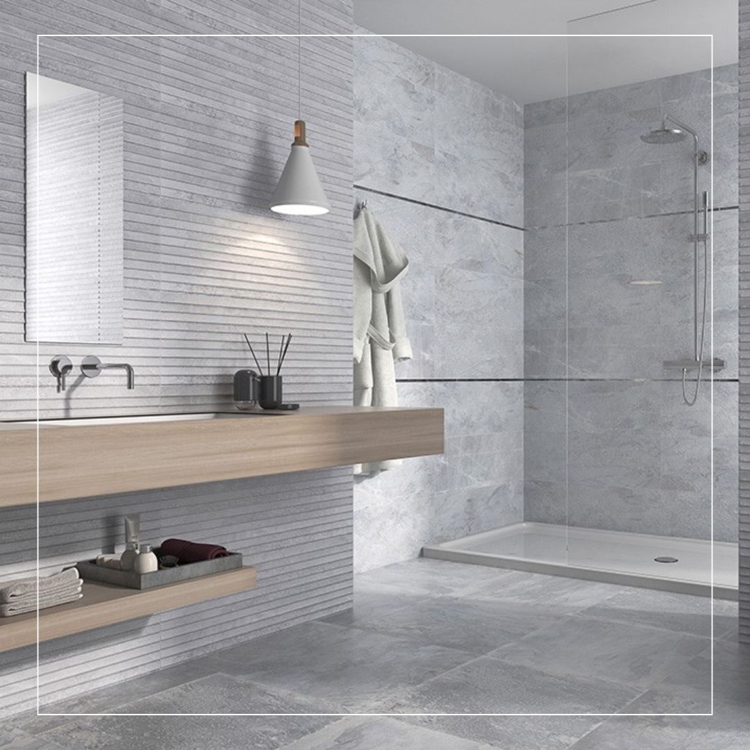 grey floor and wall tiles for small bathroom