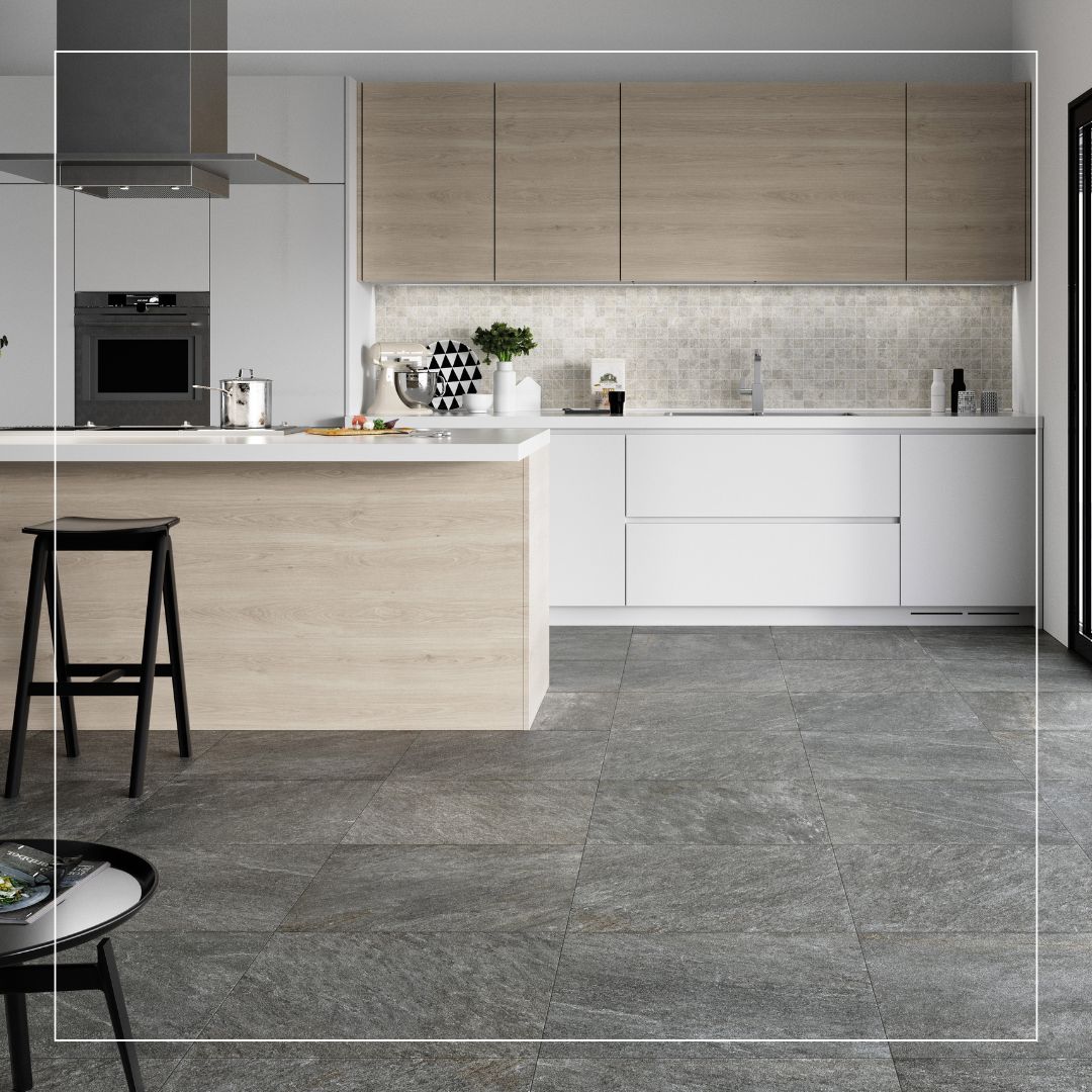 Stone effect kitchen floor tiles trend 2025