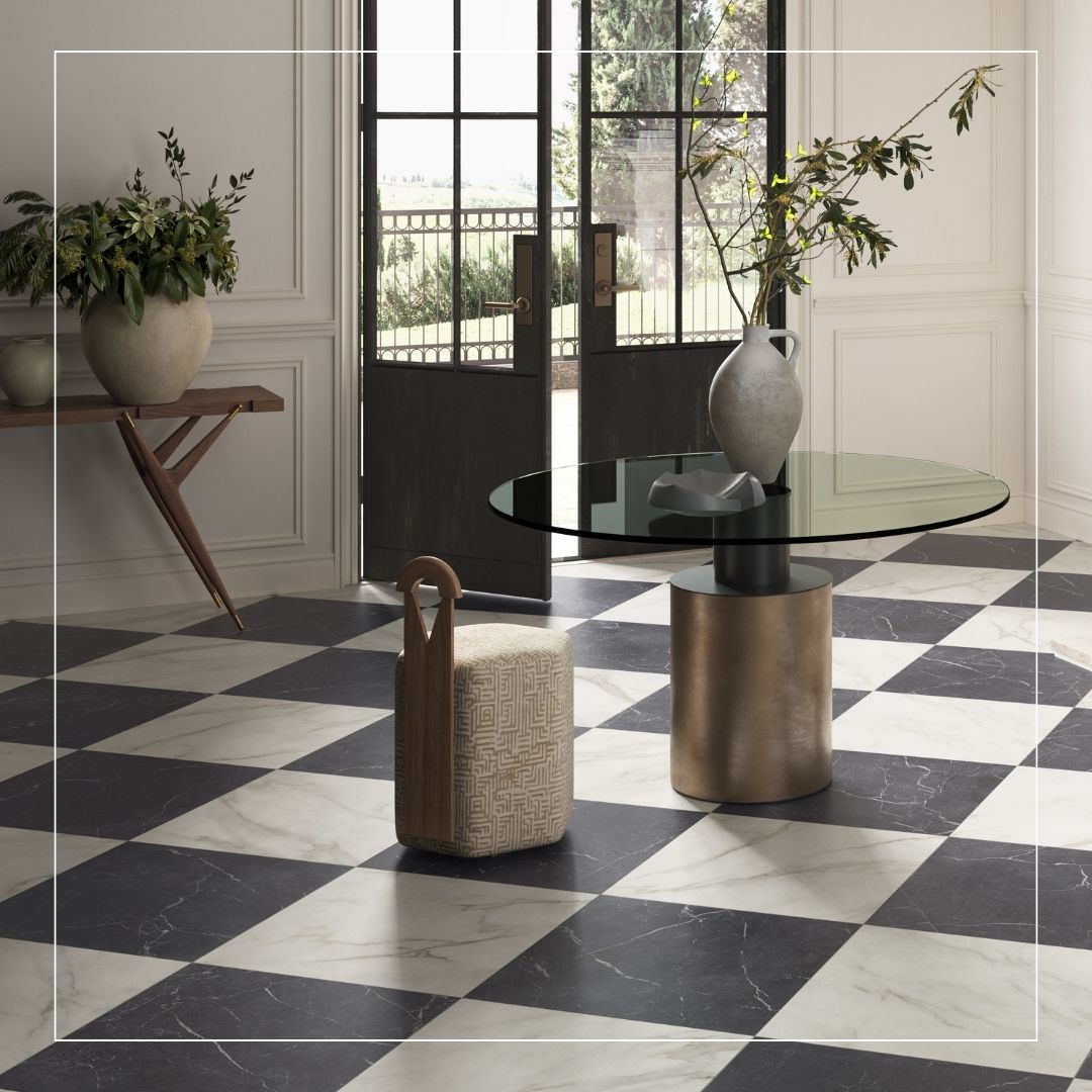 Black and white checkerboard floor tiles in a modern living space.