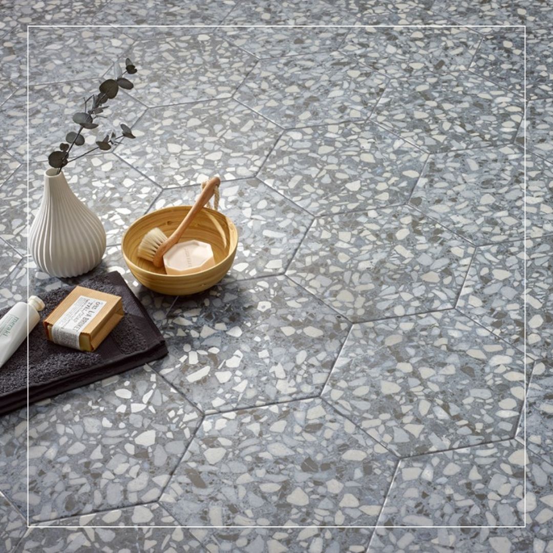 Grey and blue hexagonal terrazzo floor tiles