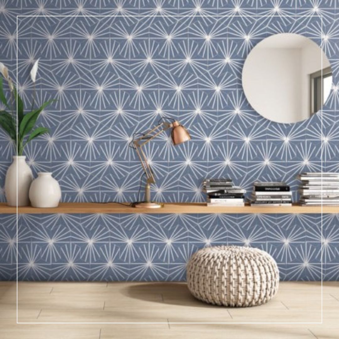 Stylish interior with blue geometric patterned wall tiles