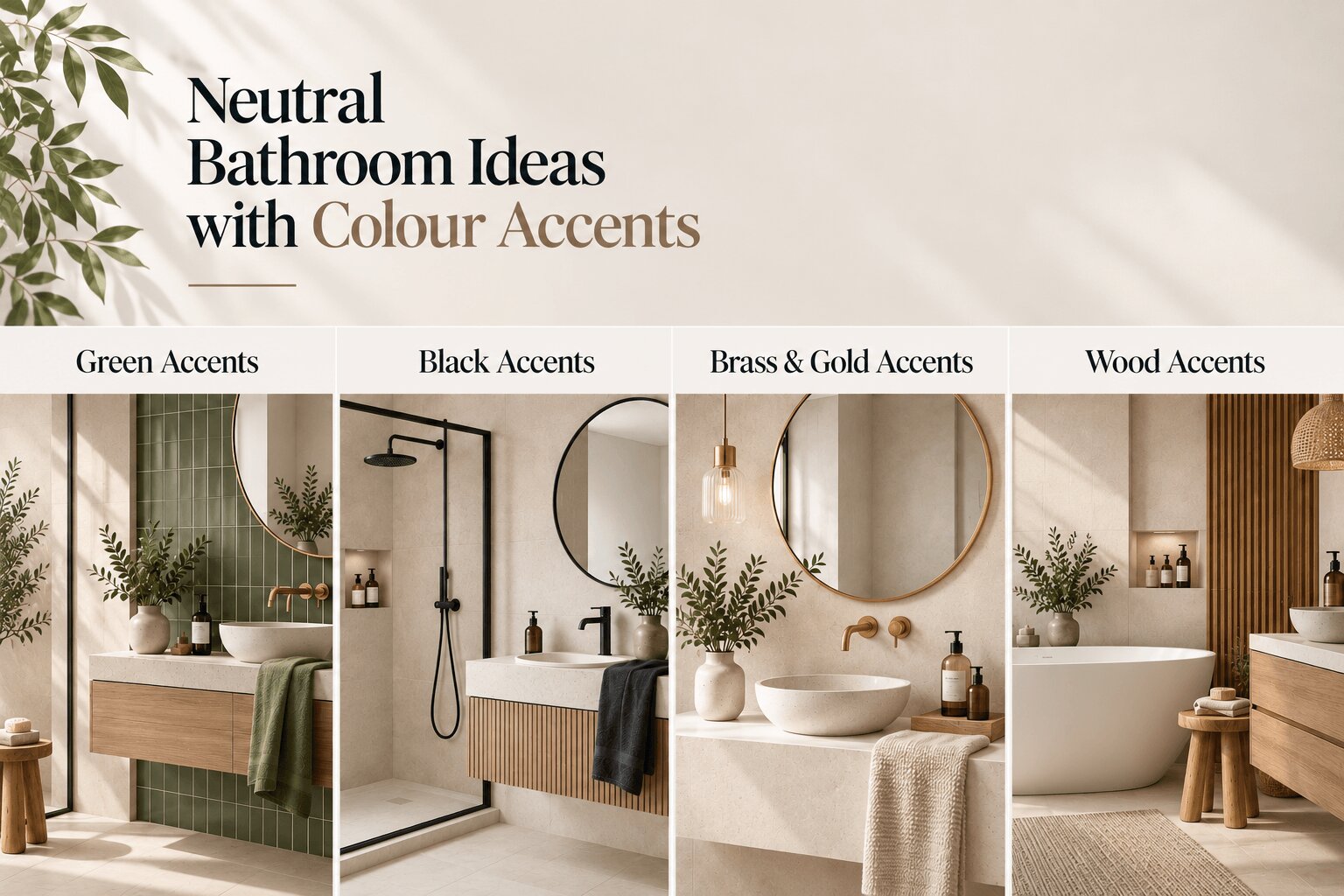 Infographic showing neutral bathroom ideas with colour accents, featuring green, black, brass and gold, and wood accents in warm modern bathroom designs